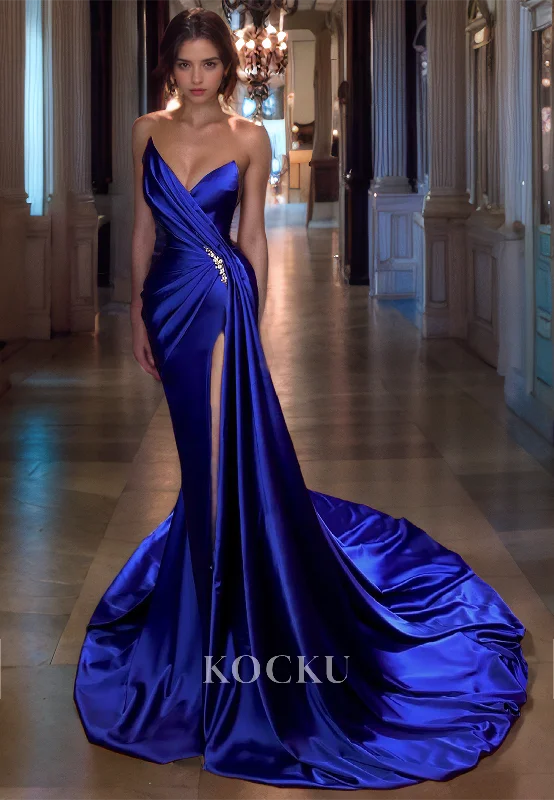 deep V-neck evening gown-Couture & Ornate V-Neck Sleeveless Mermaid Split Ruched Evening Party Prom Dress