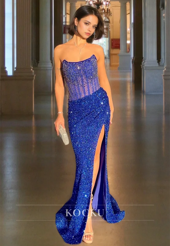 flared evening dress-Strapless Sheath Prom Dress Sleeveless Sweep Train Slit Sequins Evening Party Dress with Beads