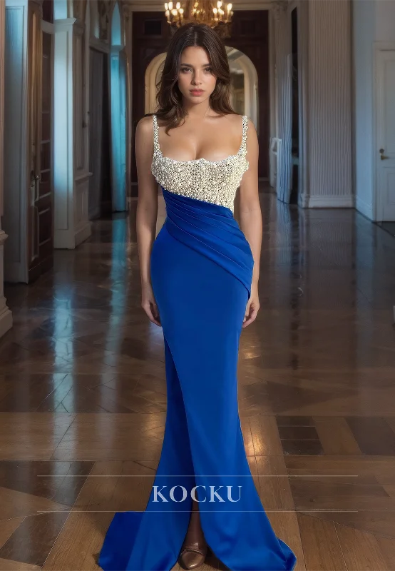 sweetheart neckline evening dress-Spaghetti Straps Mermaid High Split Sweep Train Pleated Satin Formal Gowns with Beads Prom Dress