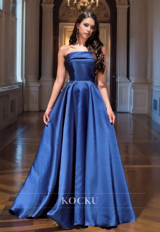 scalloped hem evening gown-Strapless A-Line Sleeveless Pleated Satin Floor-Length Prom Dress Formal Gowns