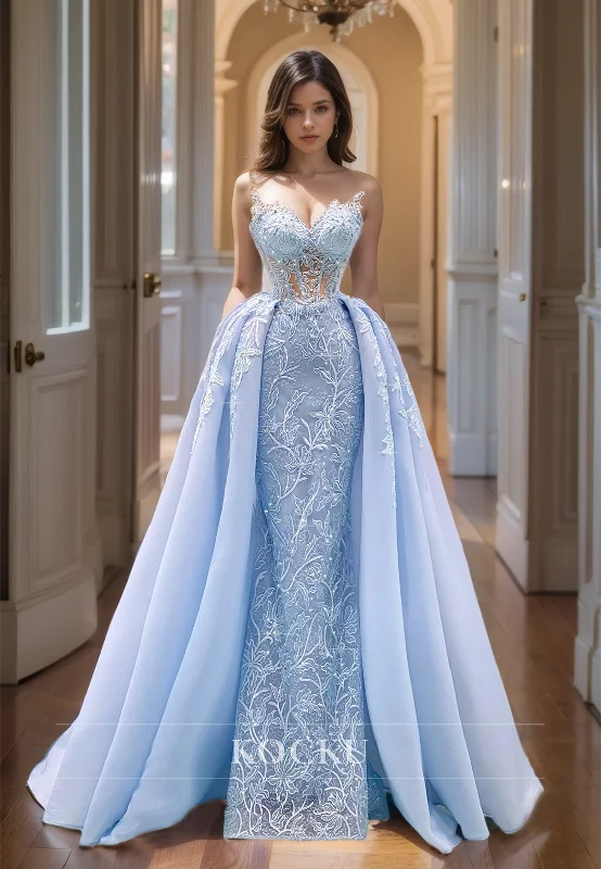 evening dress with sleeves and lace-Sweetheart Sheath Sleeveless Floor-Length Appliques Lace Prom Dress with Overskirt Formal Gowns