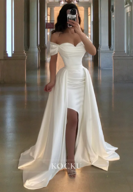 glamorous evening gown-Off-Shoulder Sheath Sweetheart Sleeveless Slit Ruched Satin Prom Dress with Overskirt Formal Dress