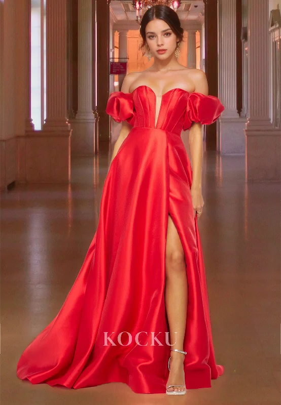 pleated evening gown-A-Line Sweetheart Puff Sleeves Prom Dress High Split Pleated Satin Party Dress with Train