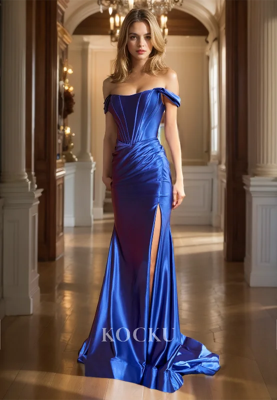 sleeveless tulle evening dress-Off-Shoulder Sheath Evening Dress Sleeveless Train Pleats Satin Prom Dress with Slit