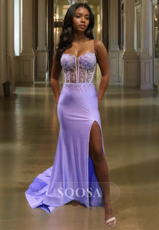 evening gown with beads-Glitter-Knit Applique Beaded Mermaid Prom Dress Sweetheart Spaghetti Straps Sleeveless Cutout Formal Dress