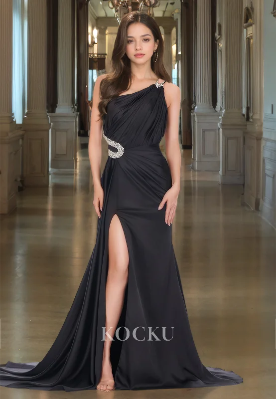 elegant ball gown evening dress-Asymmetrical Spaghetti Straps Sleeveless Sheath Formal Gowns Slit Train Satin Prom Dress with Beaded