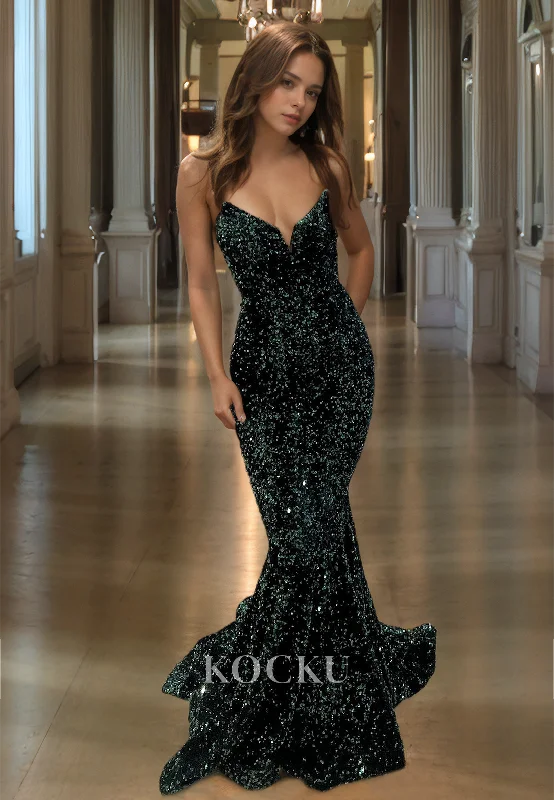 elegant evening dress with train-V-Neck Tube Top Sleeveless Mermaid Formal Prom Dress Green Sequins Evening Gowns with Train