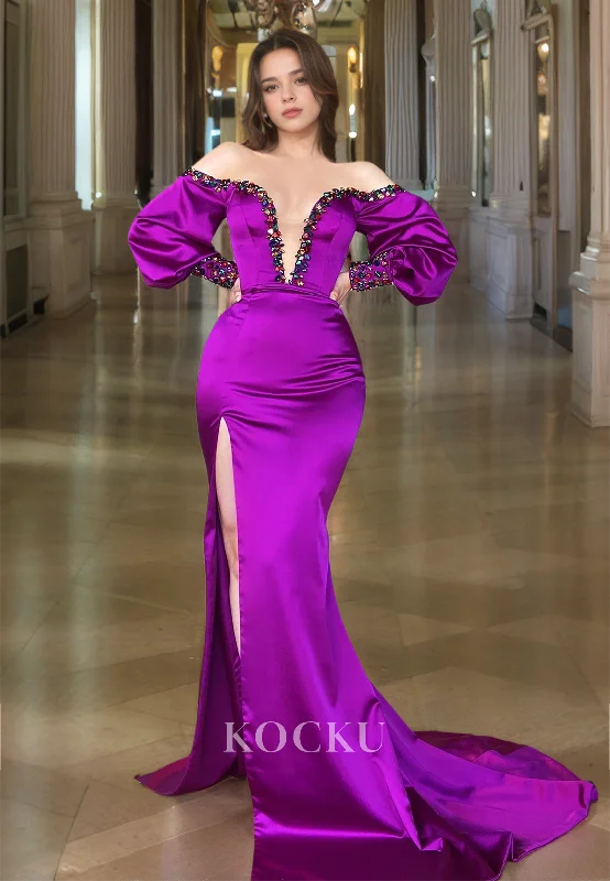 evening dress for black-tie events-Deep V-Neck Long Sleeves Mermaid Evening Gowns Sweep Train Beaded Satin Prom Dress with High Slit