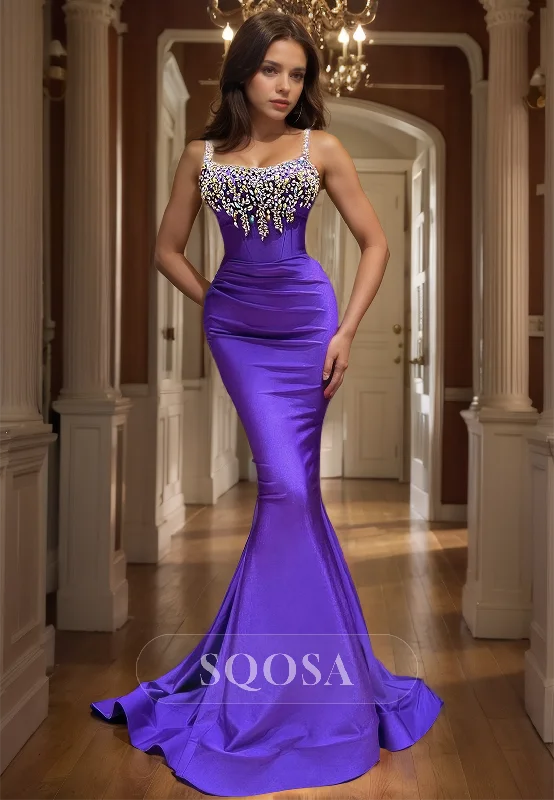 elegant evening wear-Spaghetti Straps Square-Neck Sleeveless Mermaid Prom Dress Beaded Pleated Sweep Train Party Gowns