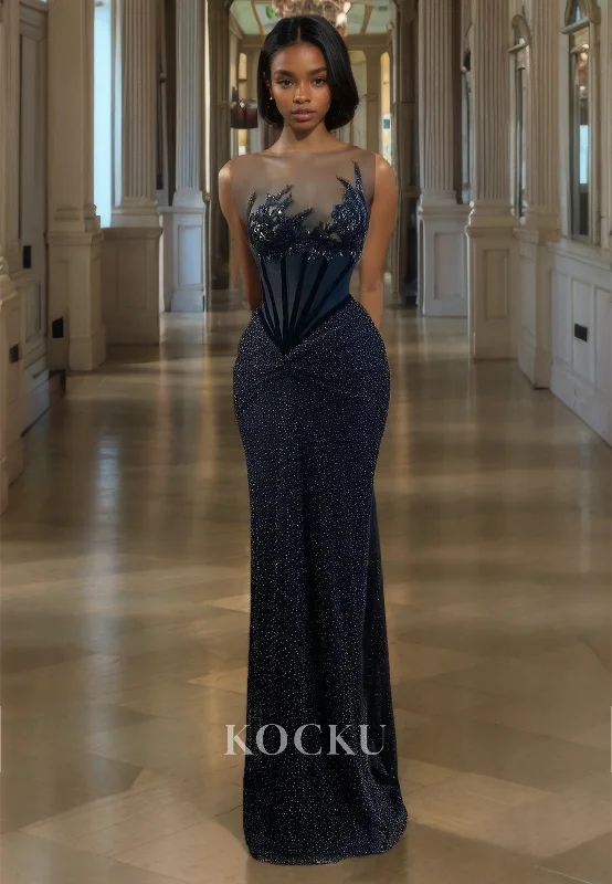 evening dress with train-Scoop Neck Sleeveless Mermaid Floor-Length Prom Dress Appliques Lace Party Dress with Beads