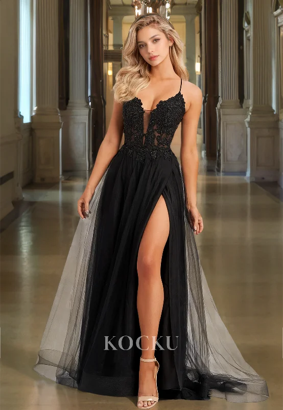 sequined formal evening dress-Spaghetti Straps A-Line V-Neck Sleeveless Slit Appliques Lace Party Gowns Prom Dress with Beads