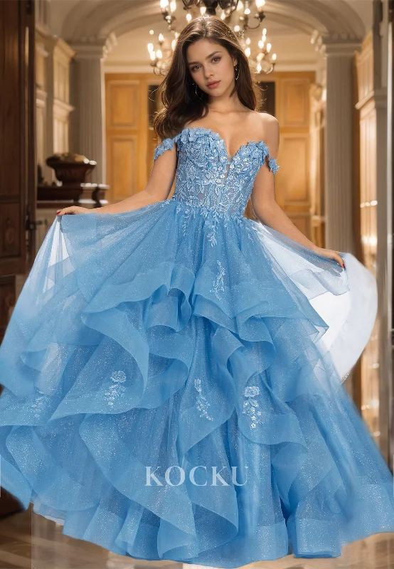 shimmering evening gown-Off-Shoulder Sweetheart A-Line Sleeveless Stripe Lace Prom Dress with Appliques Evening Dress