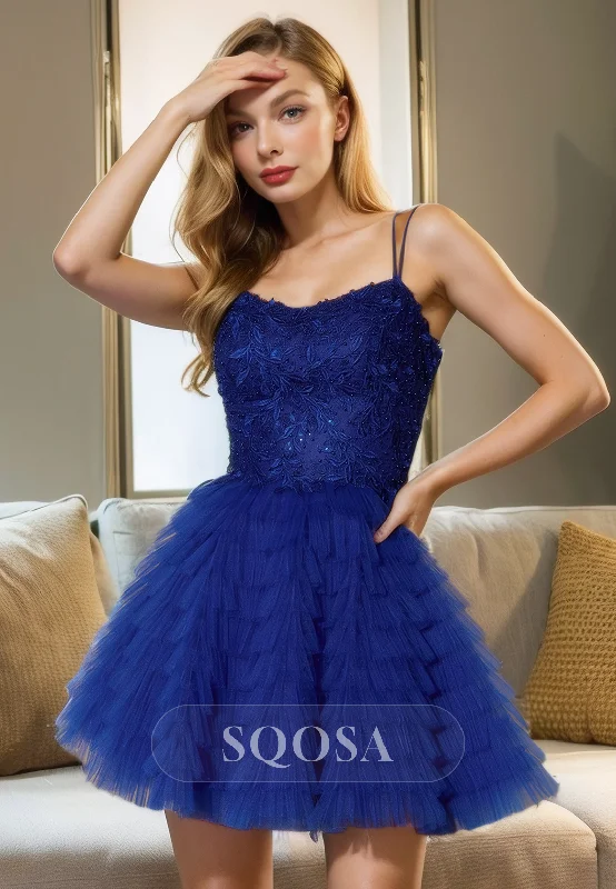 evening dress with bow detail-A Line Scoop Lace Appliques Blue Homecoming Dress Tulle Tiered Graduation Dress