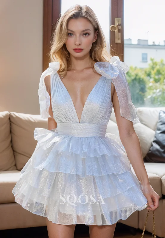 evening dress with lace appliqu茅-A Line V neck Tiered Short Homecoming Dress Cute Homecoming Dress