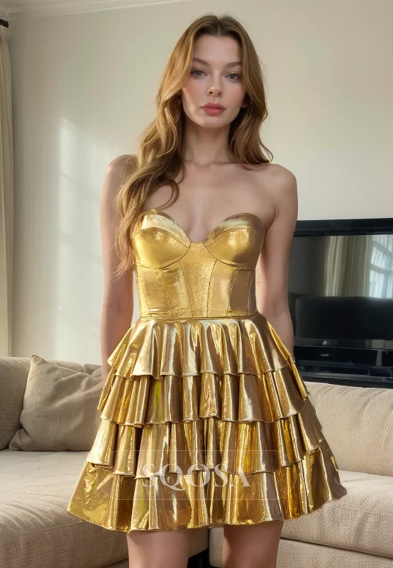 evening dress with train-A Line Sweetheart Tiered Gold Homecoming Dress 2024 Short Graduation Dress