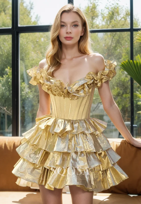 evening gown with crystal embellishments-Off Shoulder Tiered Gold Homecoming Dress Short Graduation Dress