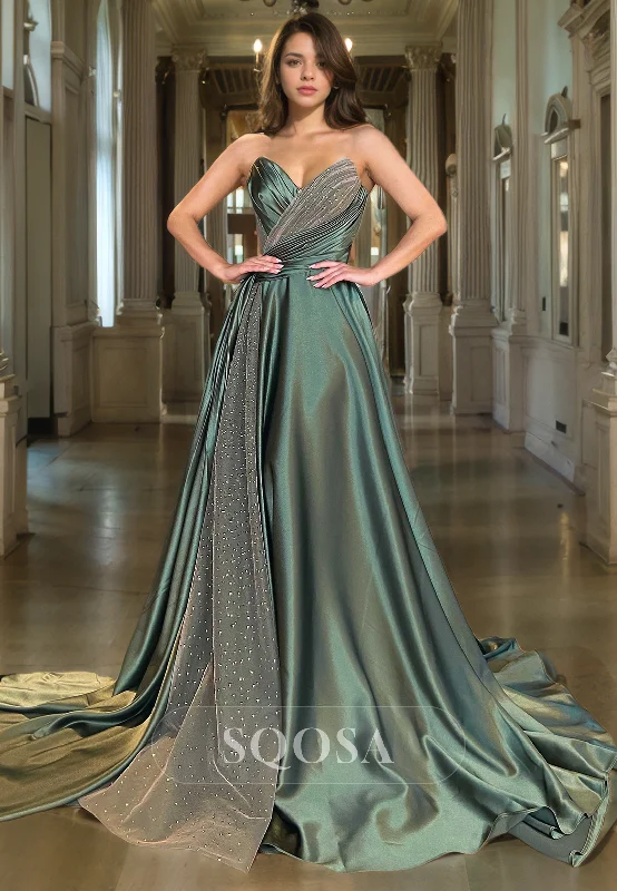 backless evening dress-A Line V Neck Satin Pleats Long Prom Dress with Train Formal Gown