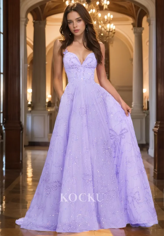 ball gown evening dress-Spaghetti Straps A-Line Sweetheart Prom Dress Sleeveless Appliques Lace Evening Gowns with Train