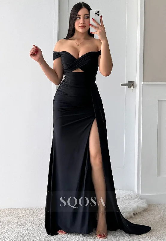 elegant velvet evening dress-Simple Pleated Sweetheart Sleeveless Off-Shoulder Floor-Length Satin Mermaid Formal Prom Dress