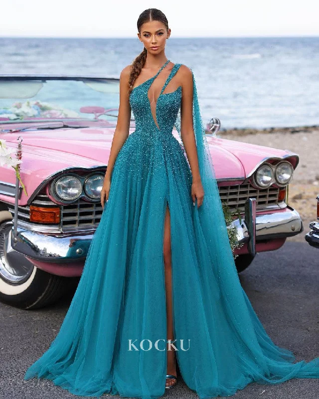 vintage-inspired evening gown-A-Line Asymmetrical Prom Dress Sleeveless High Split Lace Evening Gown with Train