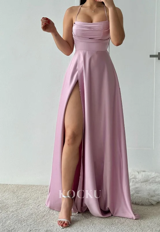 layered evening dress-Spaghetti Straps A-Line Sleeveleess High Split Pleated Satin Prom Dress with Train Evening Gowns