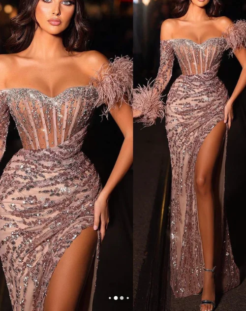 metallic evening gown-Sweetheart One Shoulder Sheath High Split Stripe Beaded Lace Prom Dress with Feather Evening Dress