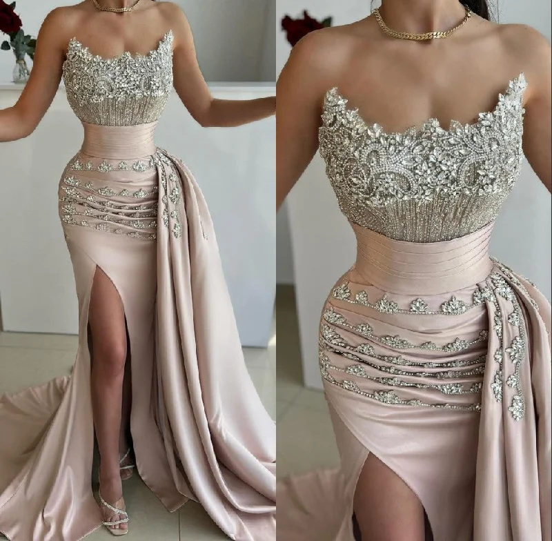 spaghetti strap evening gown-Tube Top Sheath Prom Dress Sleeveless High Split Train Pleated Satin Evening Dress with Beads