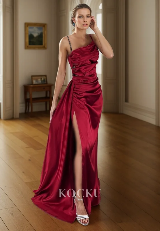 fishtail evening dress-L3080 - Elegant & Simple Ruched Straps Straps Satin Evening Party Prom Dress With Split