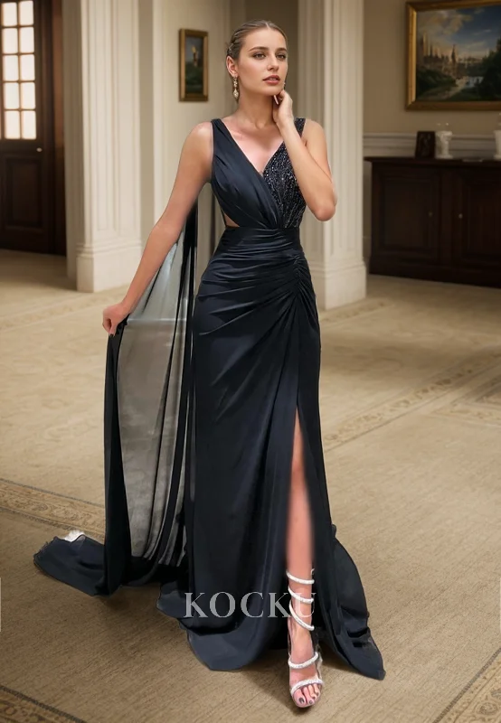 evening gown with crystal embellishments-L3082 - Elegant & Simple V-Neck Sleeveless Split Evening Party Prom Dress With Sequined