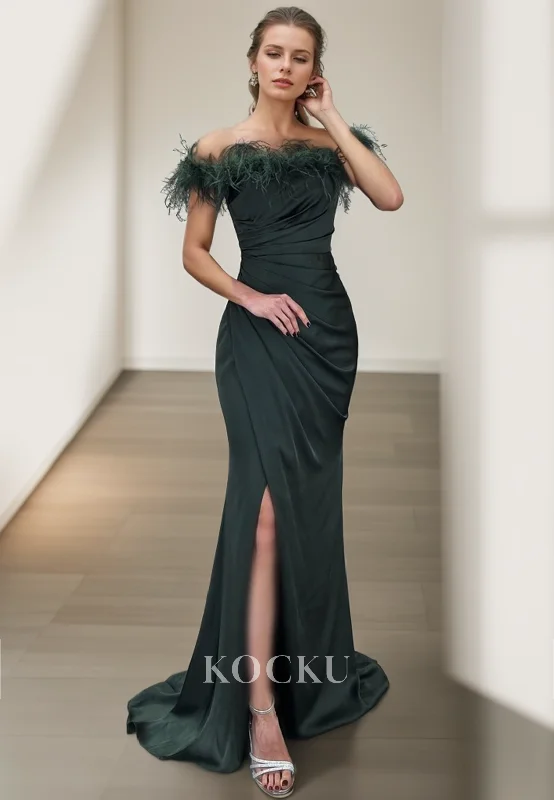 evening gown with beads-L3083 - Chic & Modern Off-Shoulder Mermaid Split Evening Party Prom Dress With Feather