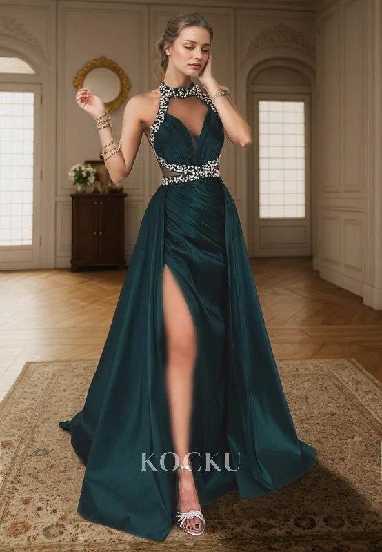 evening gown for special occasions-L3084 - Elegant & Luxurious V-Neck Rhinestone Halter A-Line Backless Satin Evening Party Prom Dress