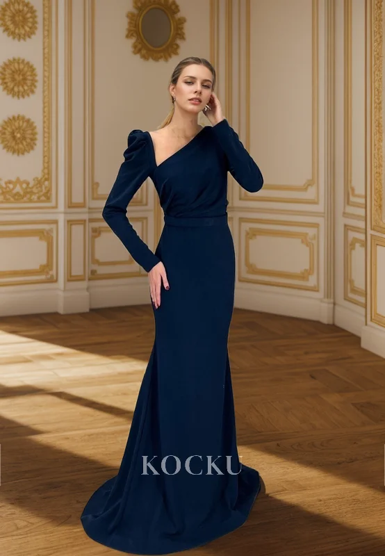 evening dress with sleeves and lace-L3086 - Chic & Modern V-Neck Long sleeves Mermaid Satin Evening Party Prom Dress