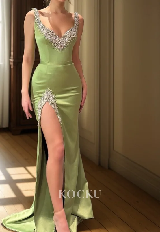 evening dress with shawl-L3088 - Gorgeous & Charming Rhinestone V-Neck Mermaid Satin Evening Party Prom Dress