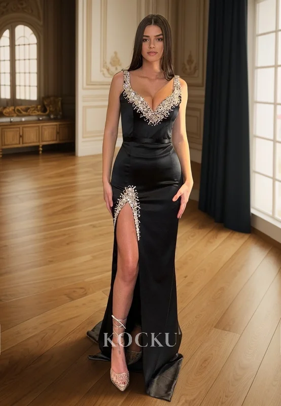 evening dress with plunging neckline-L3090 - Couture & Ornate V-Neck Sleeveless Sheath Split Evening Party Prom Dress With Rhinestone