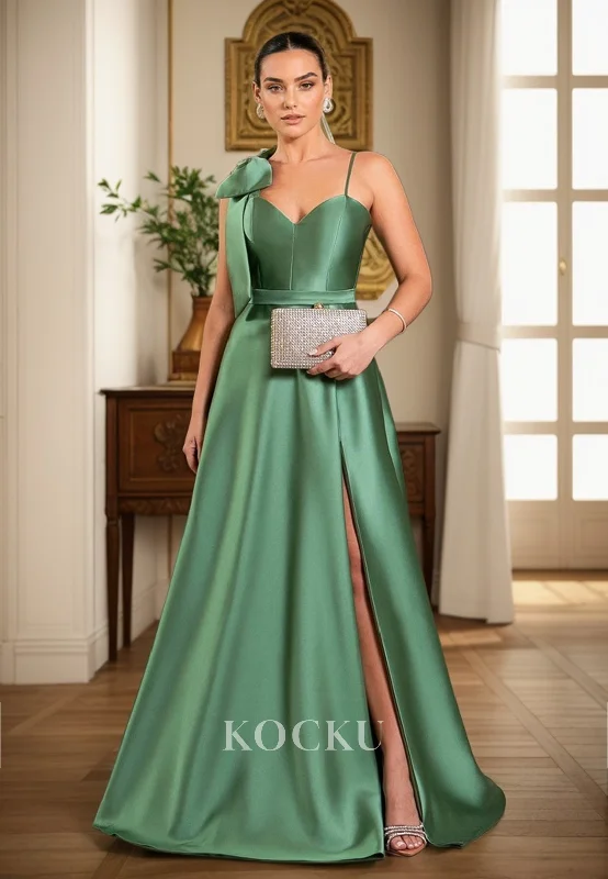 evening dress with keyhole-L3102 - Classic & Timeless Straps A-Line Sweetheart Satin Split Evening Party Prom Dress