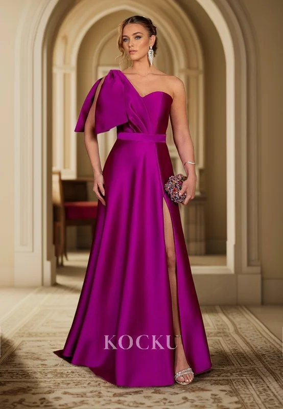 evening dress with fringe-L3103 - Gorgeous & Charming A-Line One Shoulder Satin Split Evening Party Prom Dress