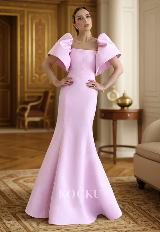 evening dress with cape-L3106 - Cute & Charming Mermaid Puff Sleeves Satin Evening Party Prom Dress