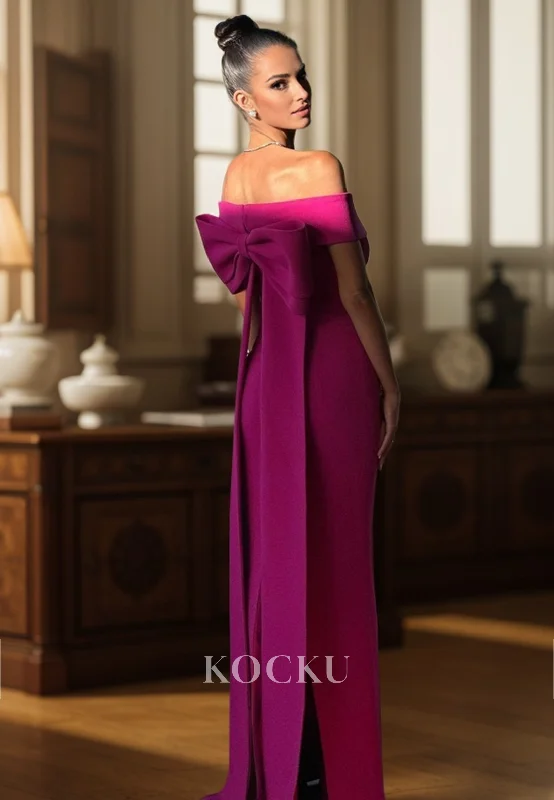 evening dress with blouson top-L3108 - Gorgeous & Charming Off-Shoulder Satin Evening Party Prom Dress With Bowknot