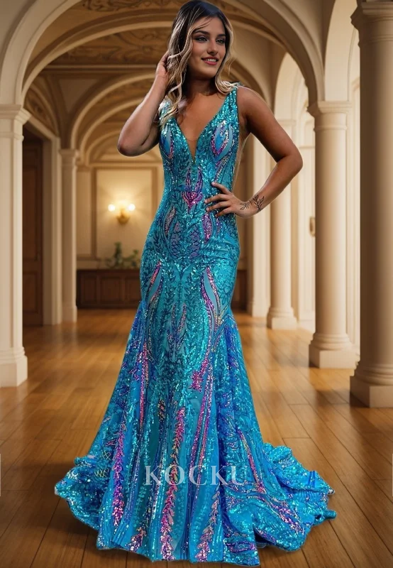 elegant evening dress with train-Chic & Modern Mermaid V-Neck Sparkly Evening Party Prom Dress