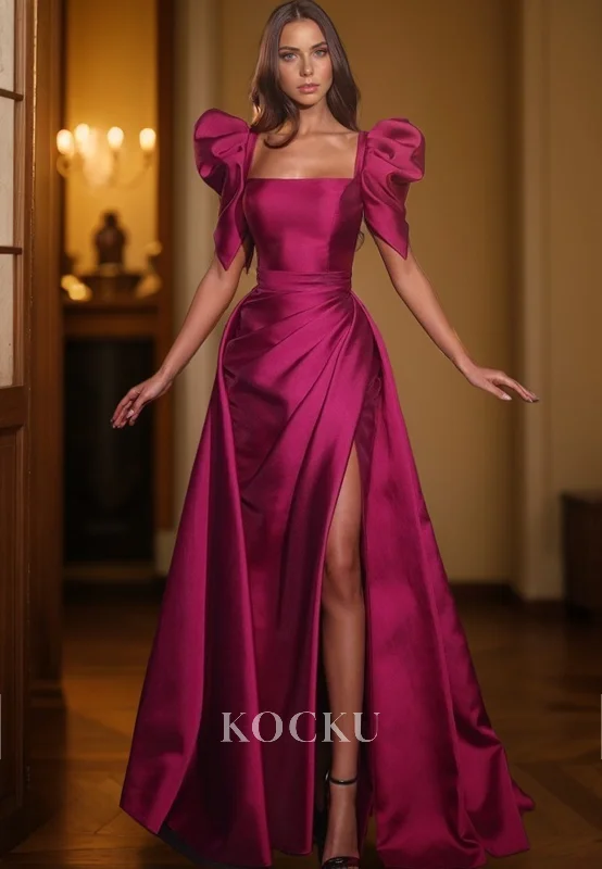 long sleeve evening gown-Classic & Timeless Short sleeves A-Line Split Satin Evening Party Prom Dress