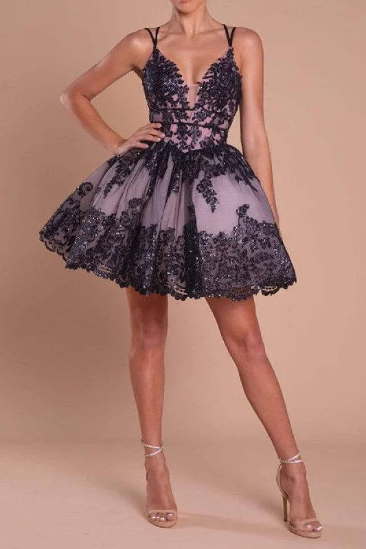 layered evening dress-A Line Deep V Neck Black Lace Appliques Cute Homecoming Dress Short Party Gown QH2364