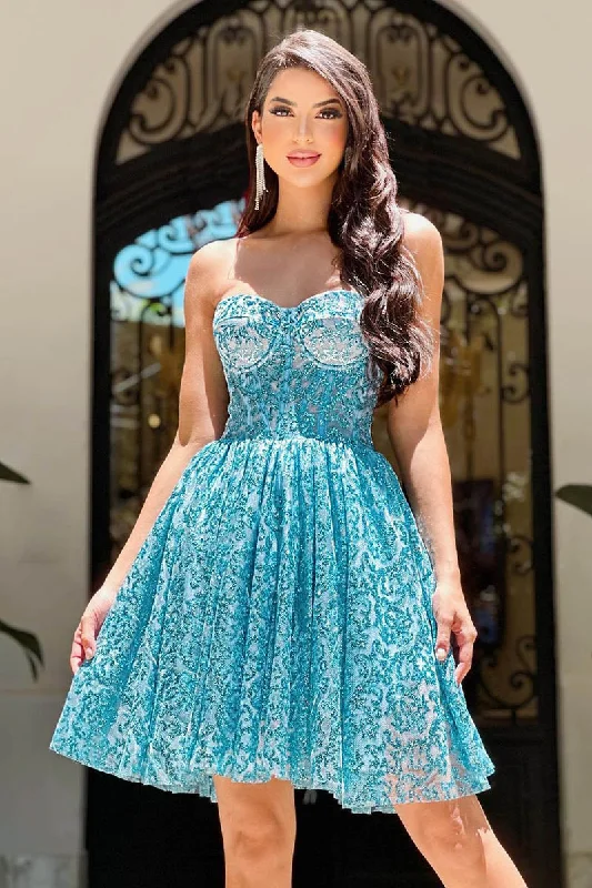 evening dress with keyhole-A Line Sweetheart Tulle Short Homecoming Dress Glitter Party Gown QH2484