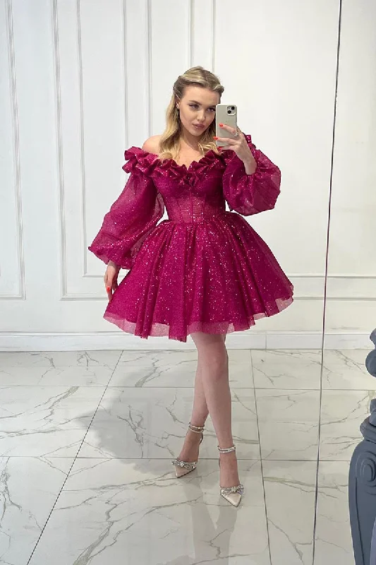 off-the-shoulder evening gown-A Line Strapless Long Sleeves Sparkly Short Prom Dress Fuchsia Homecoming Dress QH2492