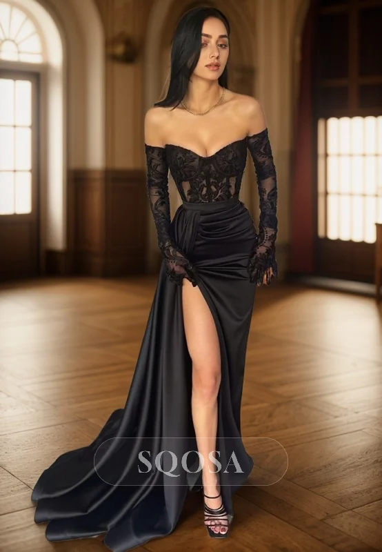 sheer back evening dress-Sheath Sweetheart Satin Pleated Lace Appliques Black Log Prom Formal Dress