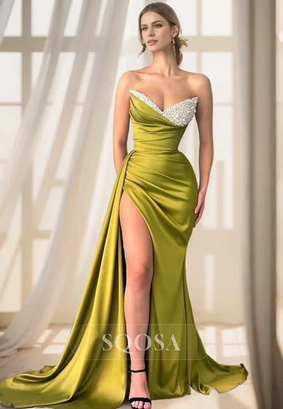 deep V-neck evening gown-Sexy V-Neck Satin Pleated Beads Long Prom Formal Dress with Slit