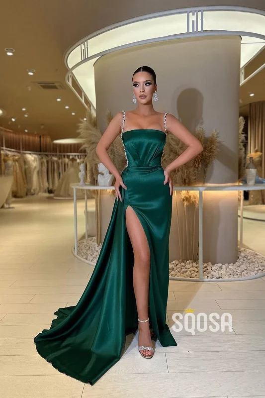 off shoulder evening dress-Sheath Strapless Straps Beads Side Slit Long Prom Formal Dress QP2893