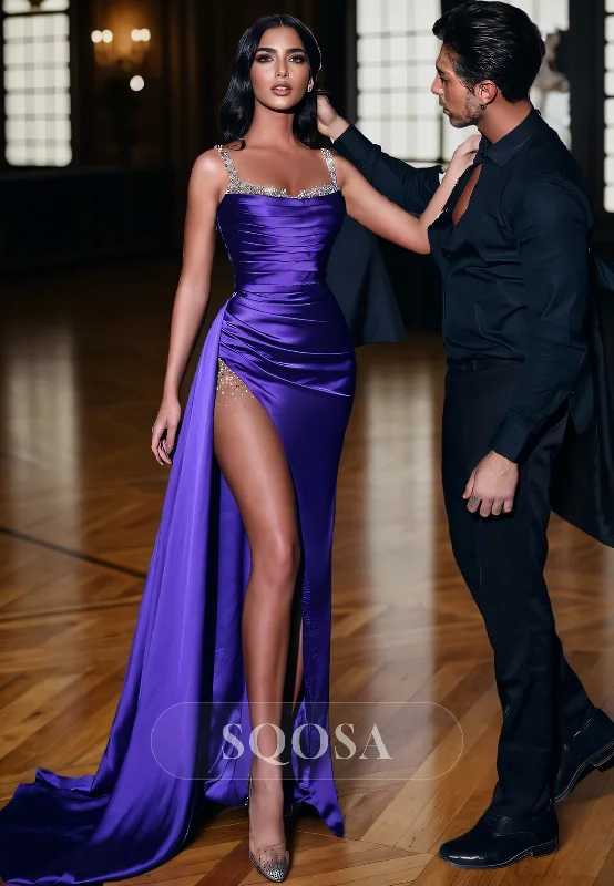 elegant satin evening dress-Spaghetti Straps Scoop Beads Long Prom Dress with Slit