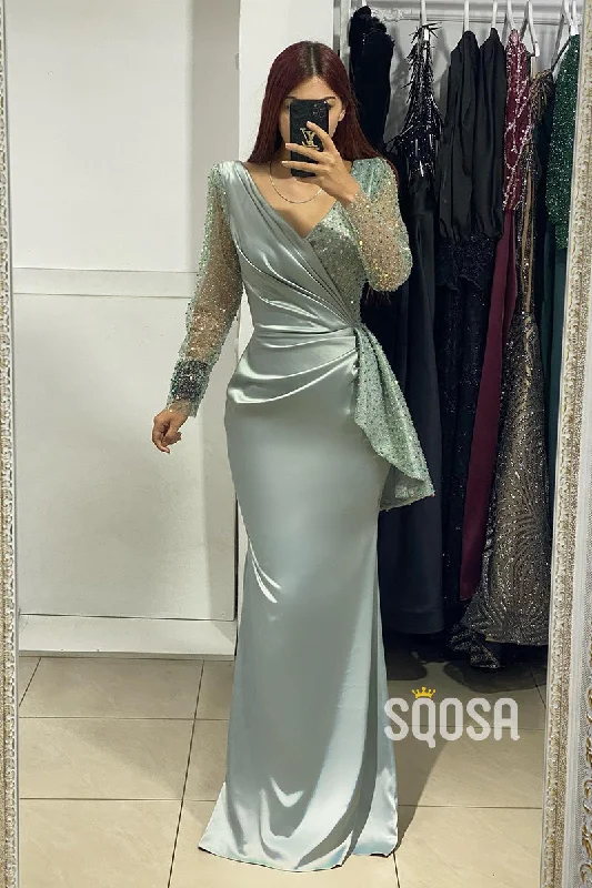 fit and flare evening dress-Sheath Sexy V-Neck Long Sleeves Sequins Long Formal Evening Gowns QP2992