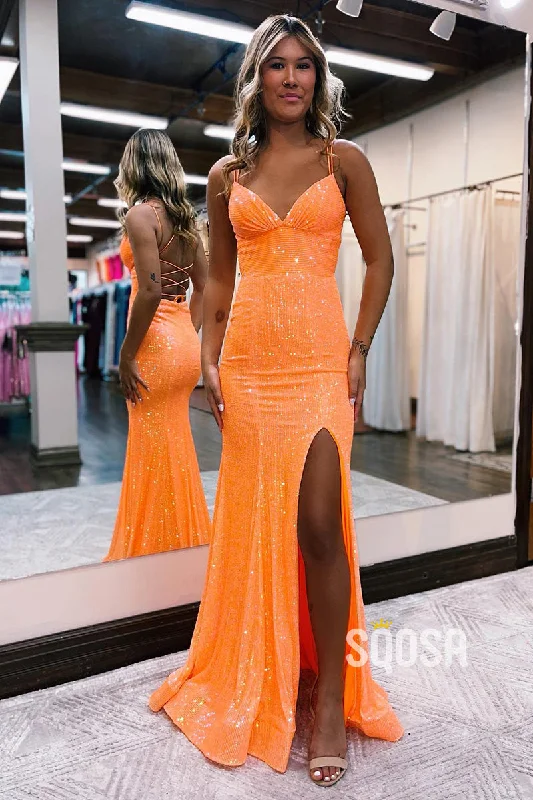 elegant ball gown evening dress-Spaghetti Straps V-Neck Sequins Sparkly Prom Dress QP3013