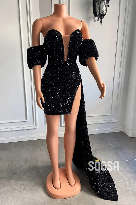 navy blue evening gown-Attractive V-Neck Short Sleeves Sequins Sparkly Prom Dress for Black Girls Slay QP3103